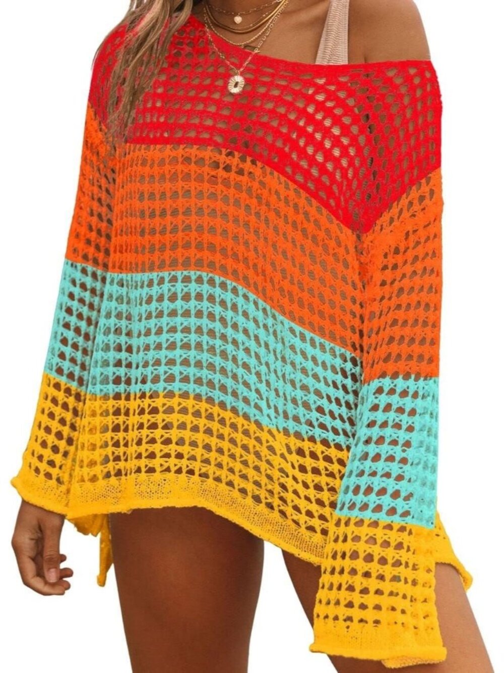 Women's Multi Acrylic Crochet Cover Up Swim Bathing Suit Cover Up Long Sleeves
